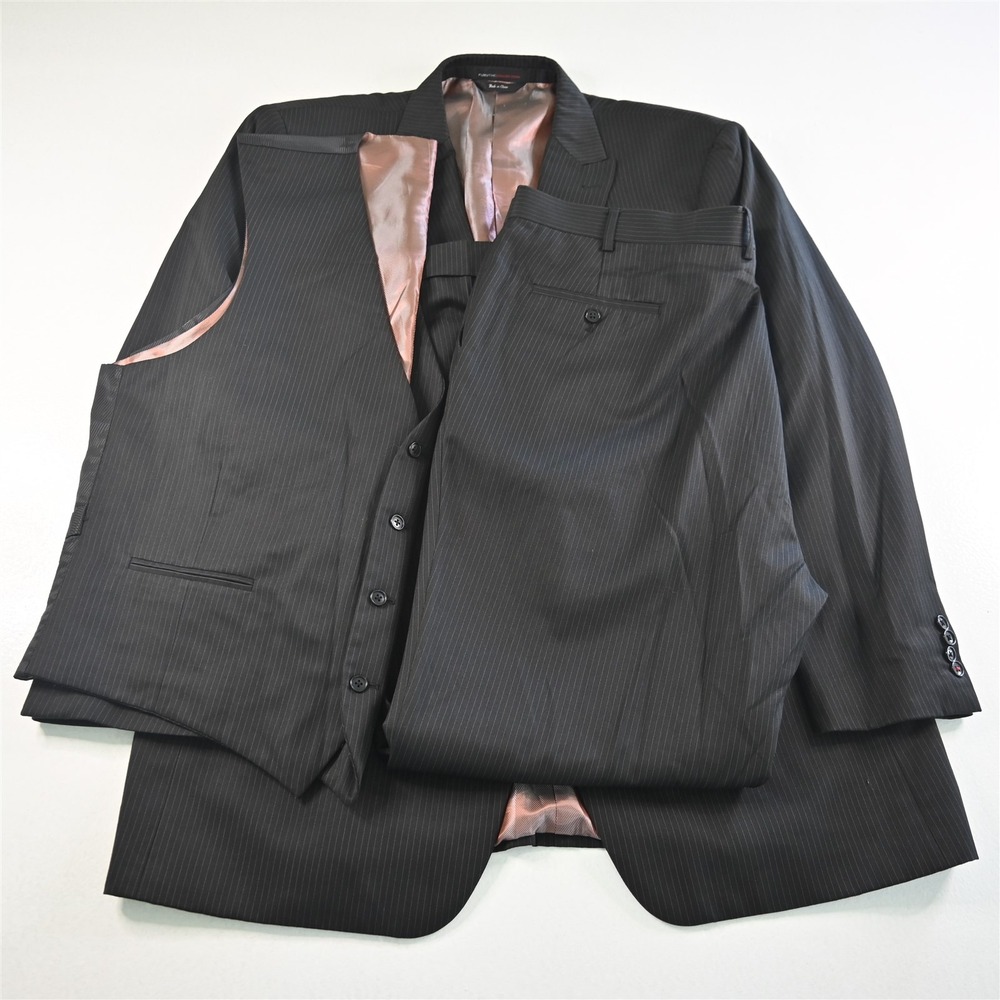 Fubu 48L 42x34‎ Black Striped Peak Lapel 3 Piece Mens Vest Jacket Pants Suit